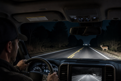 Driver using pickup truck night vision to spot a deer on a dark rural road