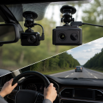 Dual dash cameras mounted inside a car recording front and rear highway views