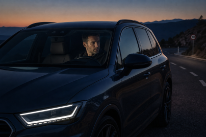 Man driving a modern black SUV on a scenic mountain road at dusk