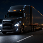 Black semi-truck driving on a highway at night with headlights on, showing commercial truck night visibility
