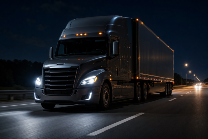 Black semi-truck driving on a highway at night with headlights on, showing commercial truck night visibility