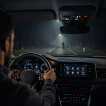 Driver and pedestrian on a dark, foggy road at night