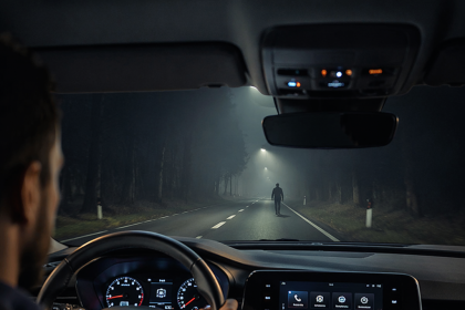 Driver and pedestrian on a dark, foggy road at night
