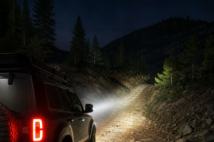 Off-road SUV with headlights illuminating a rugged mountain trail at night