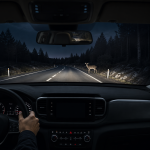 SUV thermal night vision detecting a deer crossing a forest road at night.