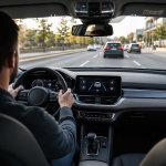 Modern car interior with smart car safety features and a driver on a city road