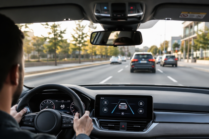 Modern car interior with smart car safety features and a driver on a city road
