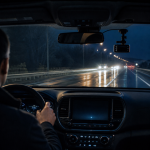 Nighttime driving on a wet highway with headlights and streetlights visible
