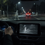 Driver viewing car night vision display with a pedestrian crossing in low light.