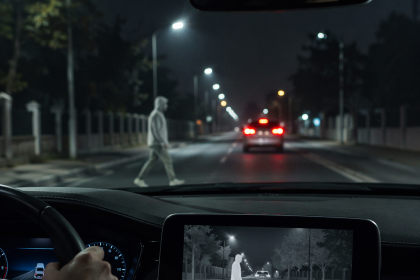 Driver viewing car night vision display with a pedestrian crossing in low light.