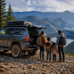 Family loading camping gear into an off-road family vehicle for a weekend trip