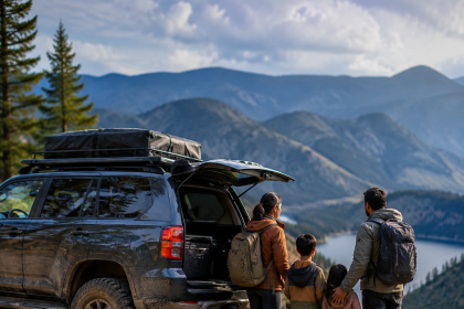 Family loading camping gear into an off-road family vehicle for a weekend trip
