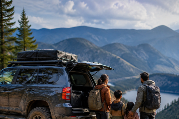 Family loading camping gear into an off-road family vehicle for a weekend trip
