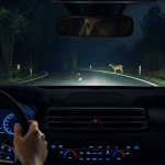 Automotive-grade thermal night vision display highlighting a pedestrian on a dark road