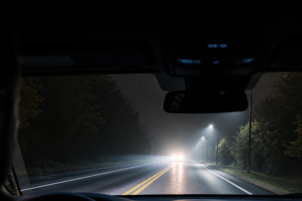 Car thermal night vision system displaying a pedestrian and vehicle on a dark road