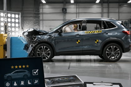 Vehicle undergoing a frontal crash test in a safety testing facility