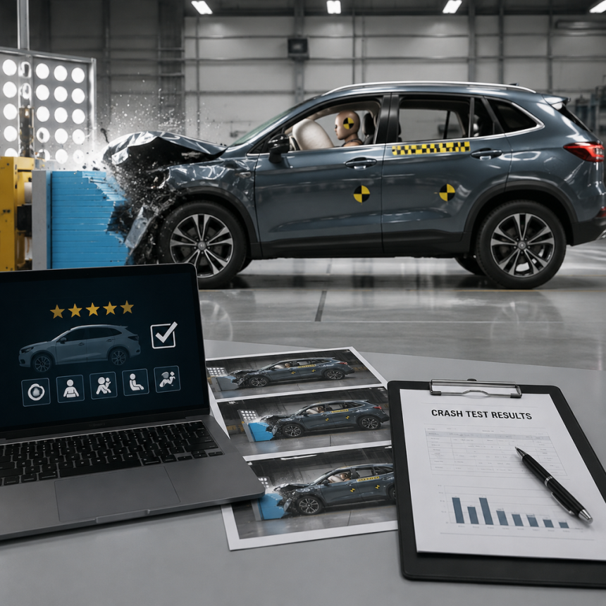 Vehicle undergoing a frontal crash test in a safety testing facility