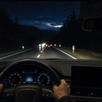 Car night vision display showing a pedestrian on a dark road beside the dashboard screen