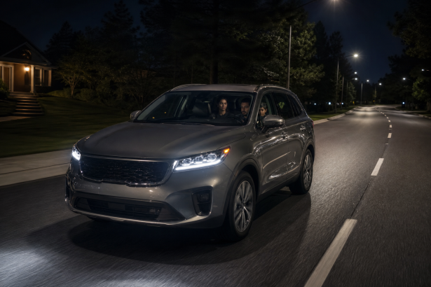 Family car driving on a well-lit road at night