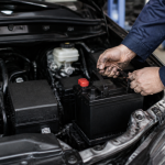 Car battery installed under the hood of a vehicle