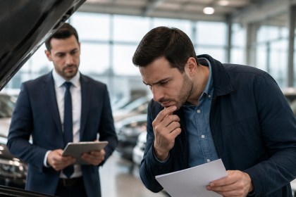 Buyer inspecting a used car with a checklist before purchase