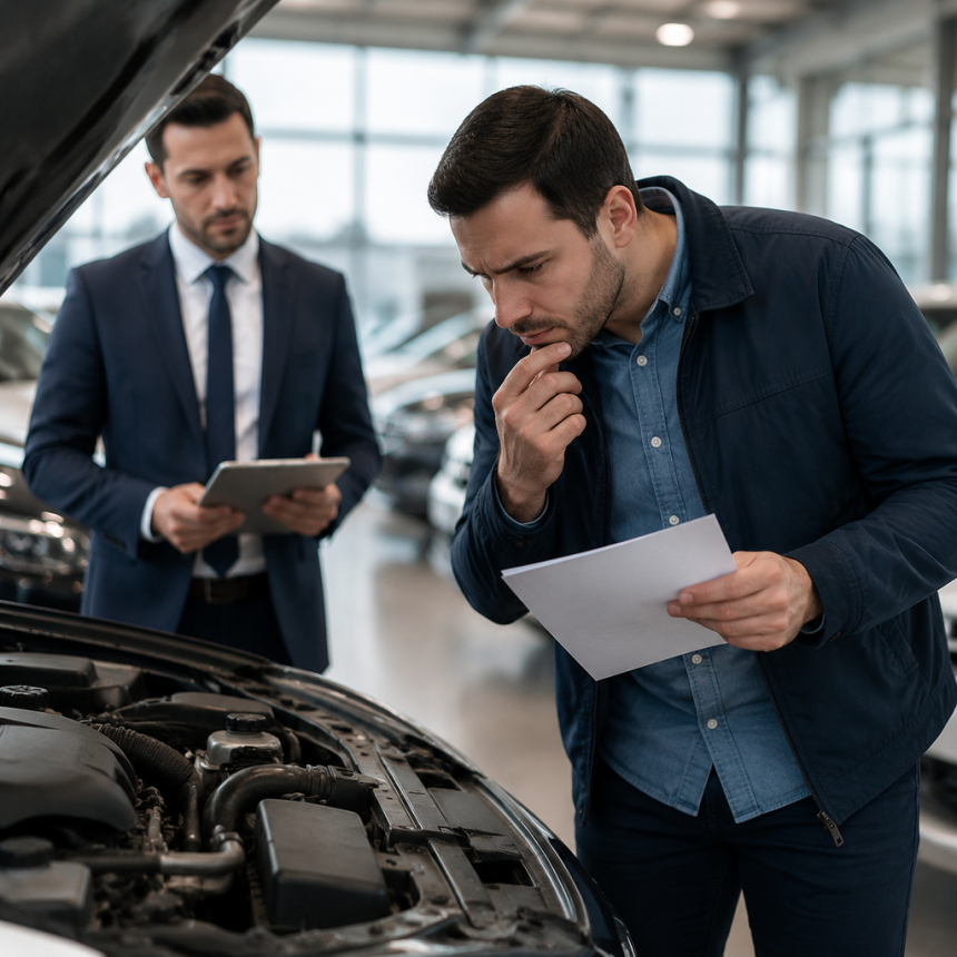 Buyer inspecting a used car with a checklist before purchase