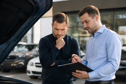 Buyer inspecting a used car with a salesperson before purchase