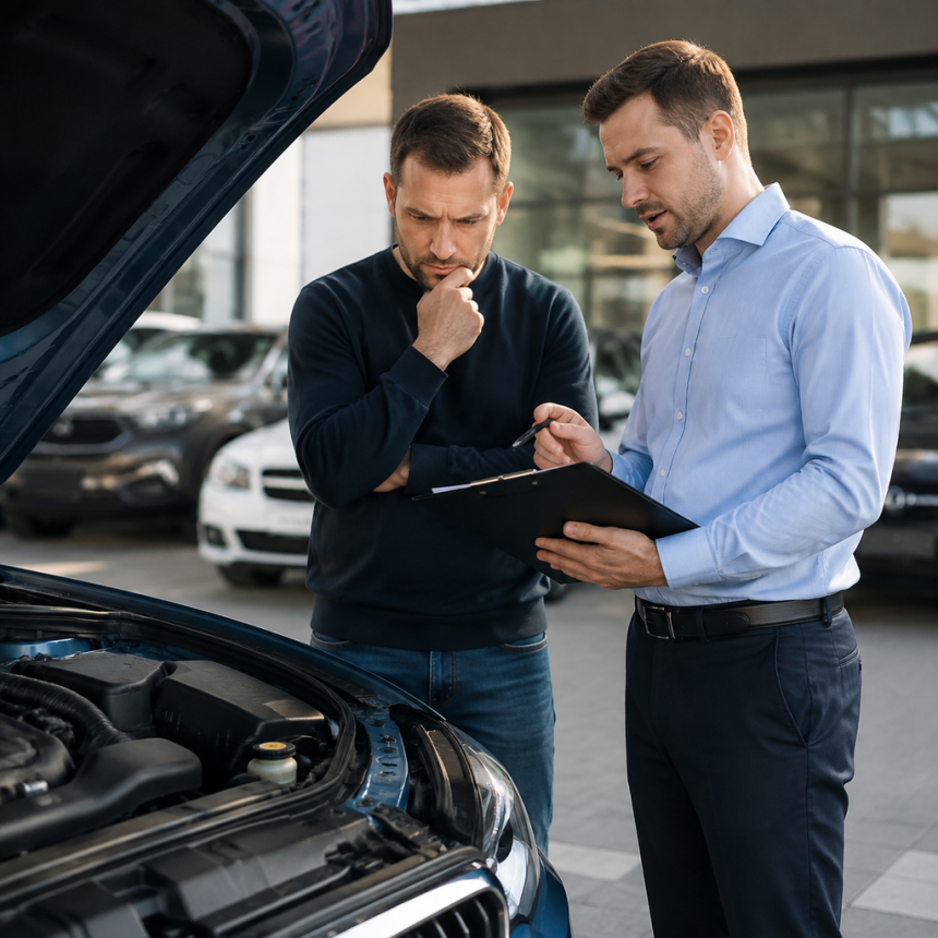 Buyer inspecting a used car with a salesperson before purchase