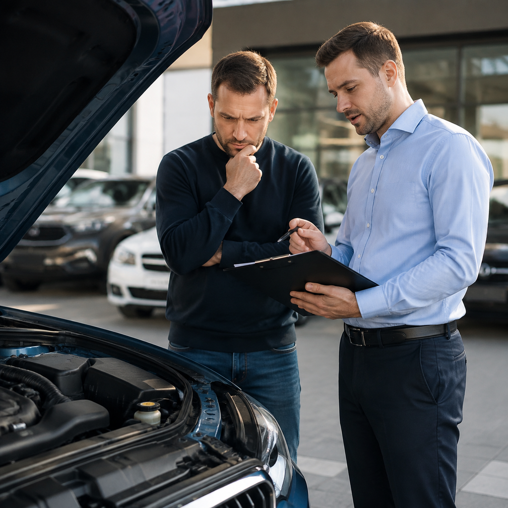 Buyer inspecting a used car with a salesperson before purchase