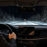 Car dashboard display showing a night vision camera feed on a dark road