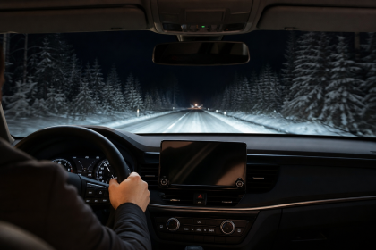 Car dashboard display showing a night vision camera feed on a dark road