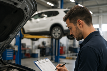 Mechanic inspecting a car to help estimate car maintenance costs before buying
