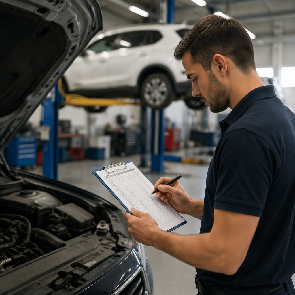 Mechanic inspecting a car to help estimate car maintenance costs before buying