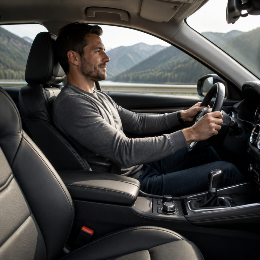 Car interior showing front seat comfort for long drives