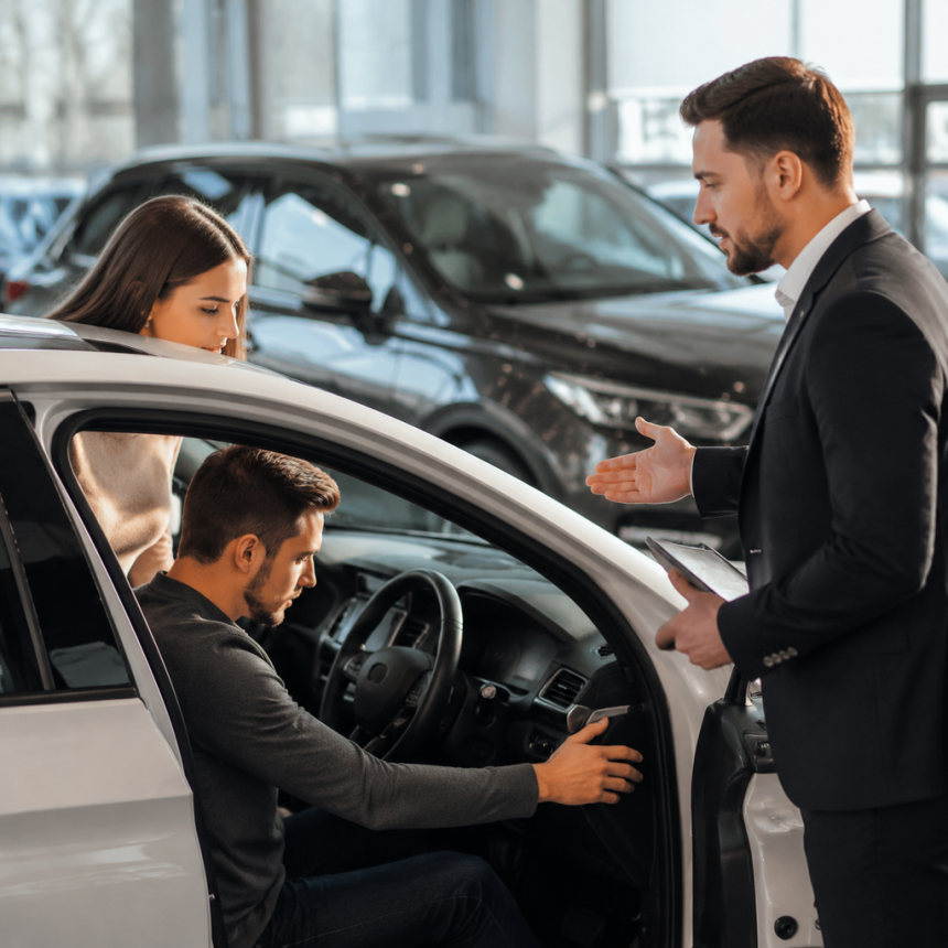 Buyer inspecting a used car to decide if it is worth buying