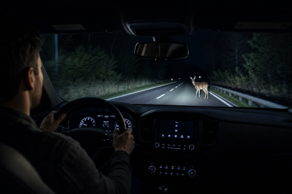 Car night vision system displaying a pedestrian on a dark road after sunset