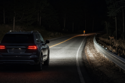 Automotive thermal night vision display highlighting a pedestrian on a dark road
