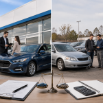 New and used cars displayed side by side at a dealership for comparison