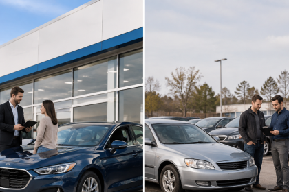 New and used cars displayed side by side at a dealership for comparison