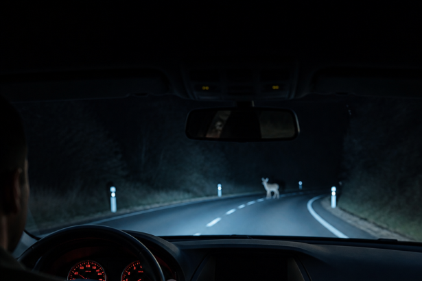 Vehicle thermal night vision display highlighting a pedestrian on a dark road
