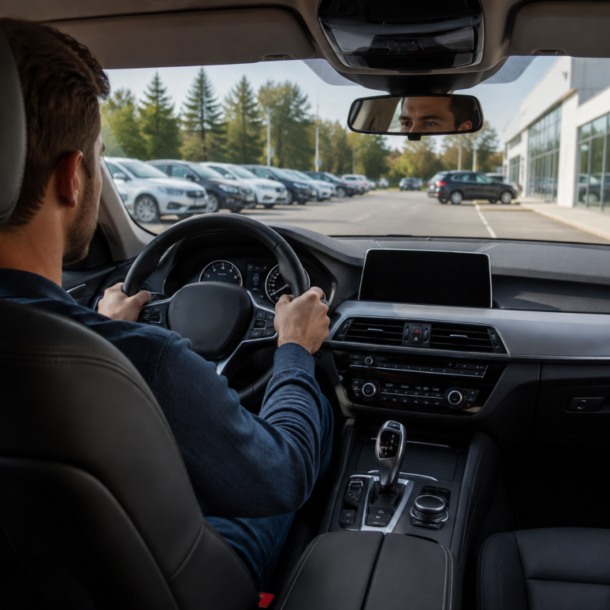 Buyer checking the dashboard and controls during a test drive checklist