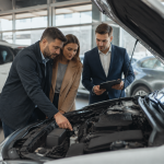 Buyer inspecting a used car with a checklist before purchase