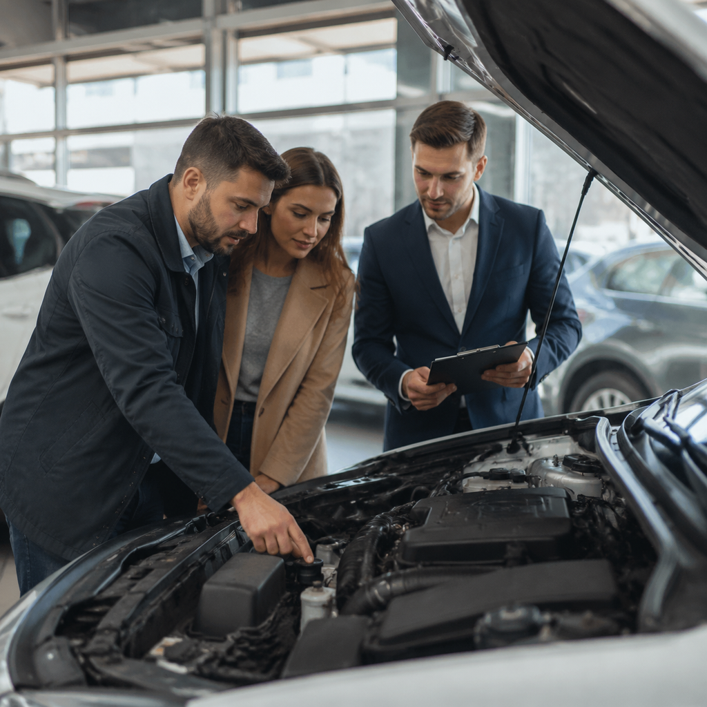 Buyer inspecting a used car with a checklist before purchase